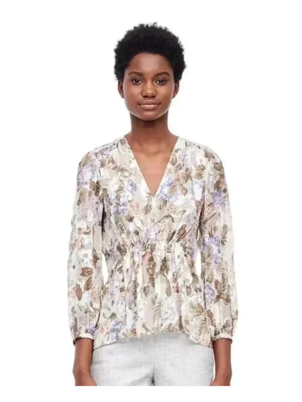Rebecca Taylor Textured Feminine Floral Silk V Neck Penelope Blouse Size 8